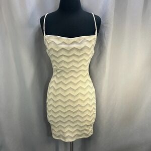 Q USA Bodycon Dress‎ Womens Beige Chevron Knit Spaghetti Straps Lined Sleeveless